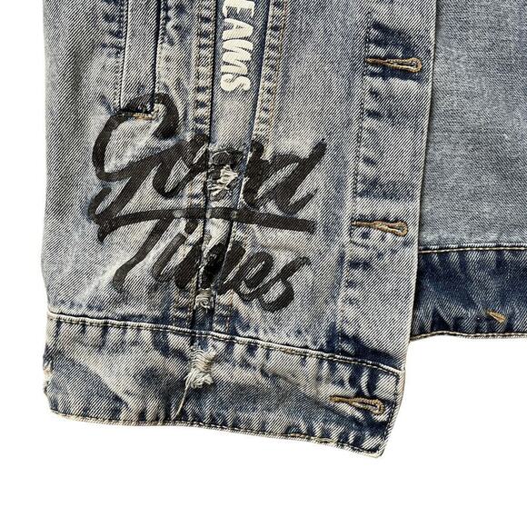 American Bazi Oversized Denim Jacket S | Graffiti Text, Distressed, Longline Fit - Picture 6 of 9